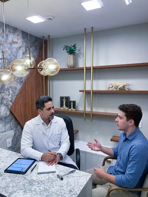 Dr. João Filho conversando com um paciente no consultório